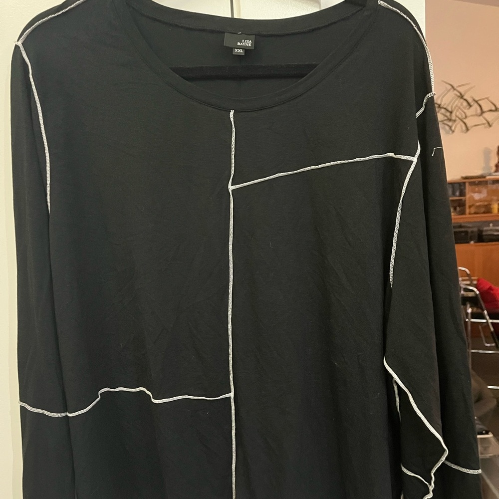 Lisa Bayne Black Long Sleeve Top with White patchwork Bamboo blend size XXL - Picture 2 of 6